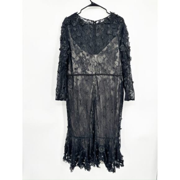 Mac Duggal 67703 Black Floral Appliqué Long Sleeve Cocktail Midi Dress Size 16 - Picture 3 of 8